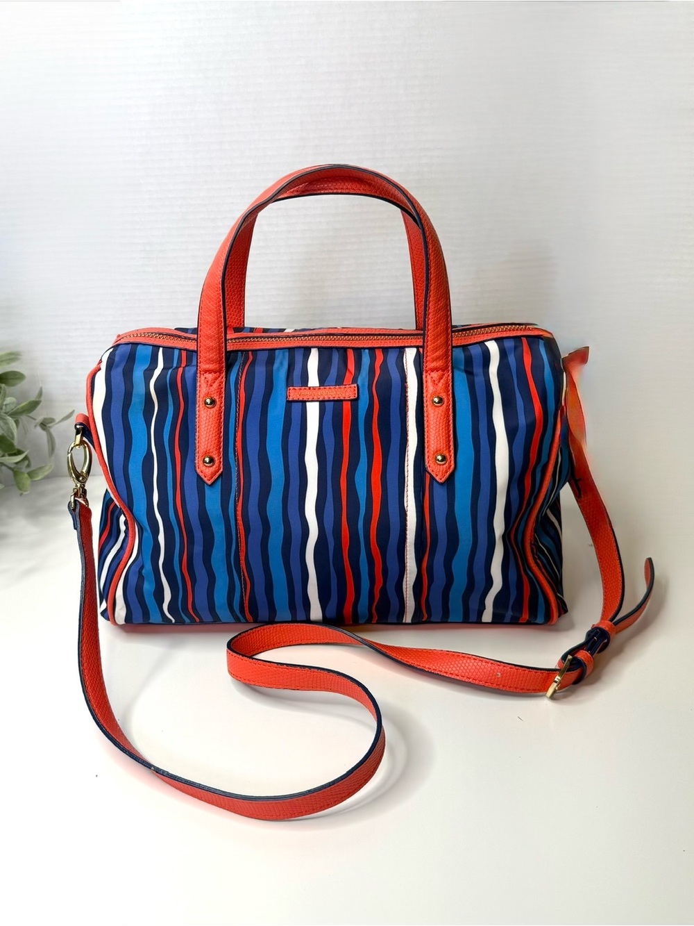Vera Bradley Cobalt Stripe Preppy Poly Marlo Nylon Satchel Bag Crossbody Bag